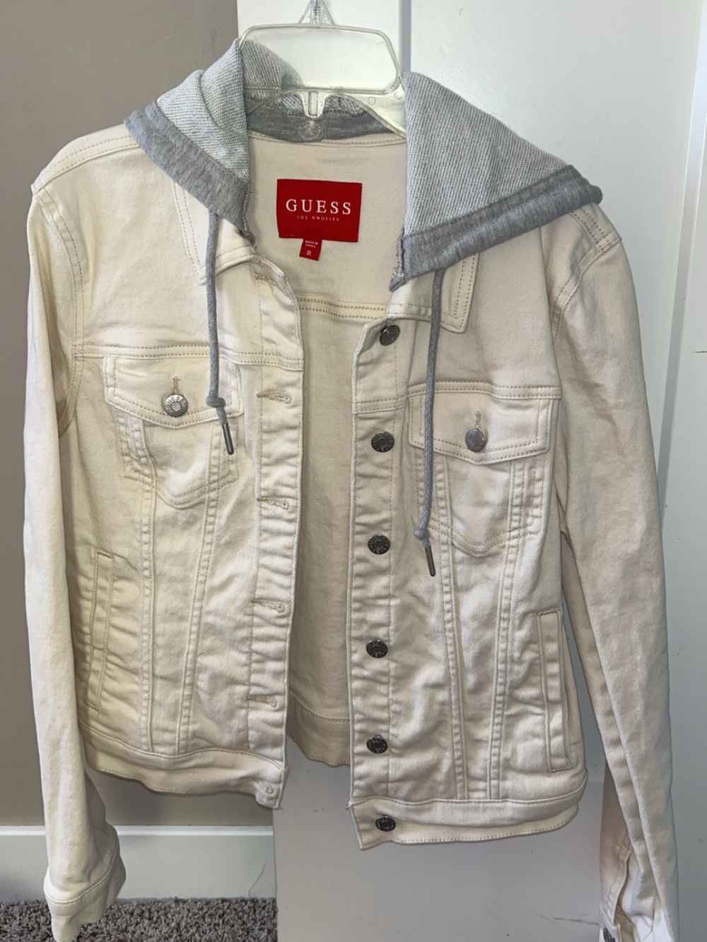 GUESS Cream Denim Jacket with Gray Knit Hood